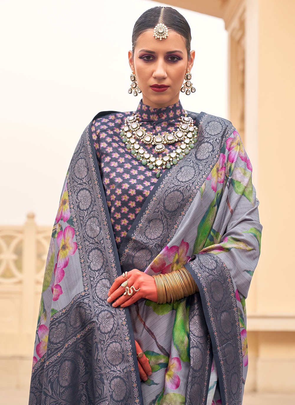 Contemporary Floral Printed Silk Saree - S6277
