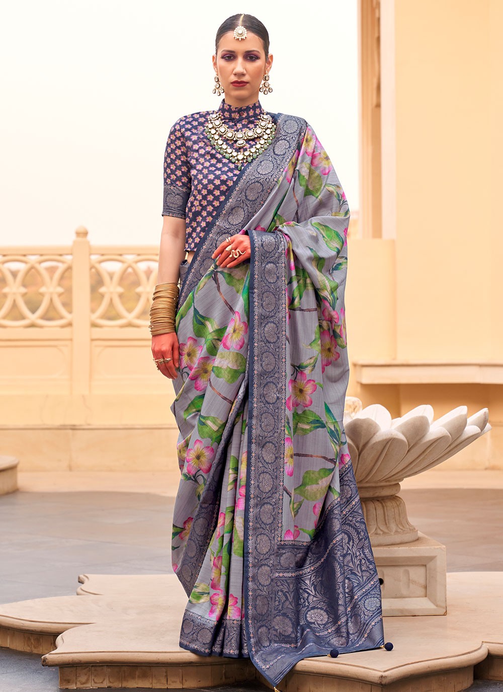 Contemporary Floral Printed Silk Saree - S6277