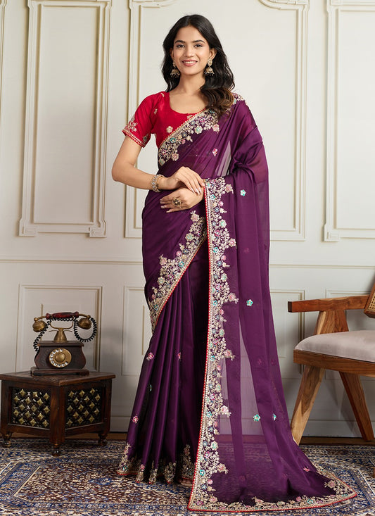 Purple Georgette Contemporary Saree Embroidered S19114