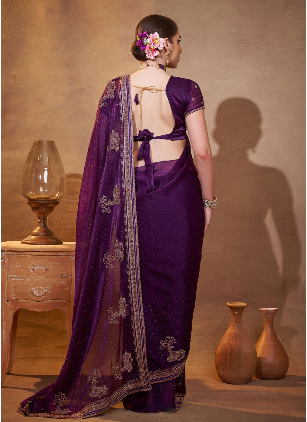 Embroidered Satin Purple Saree S14467