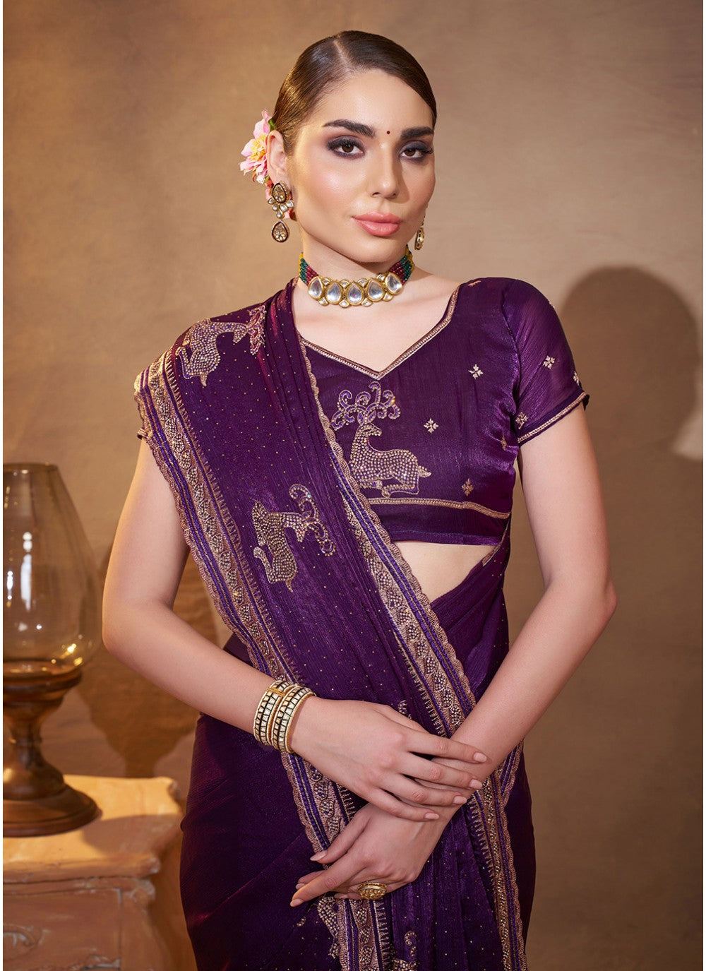 Embroidered Satin Purple Saree S14467