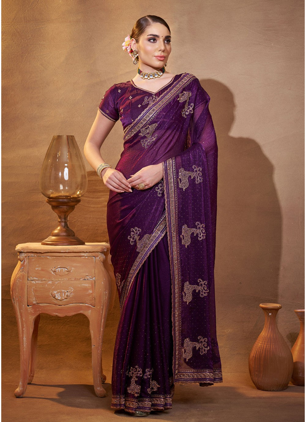 Embroidered Satin Purple Saree S14467
