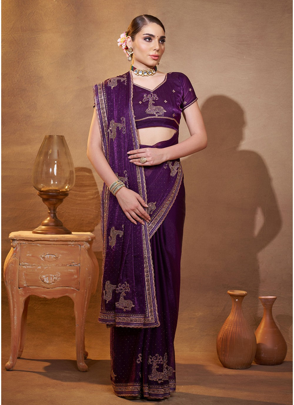 Embroidered Satin Purple Saree S14467