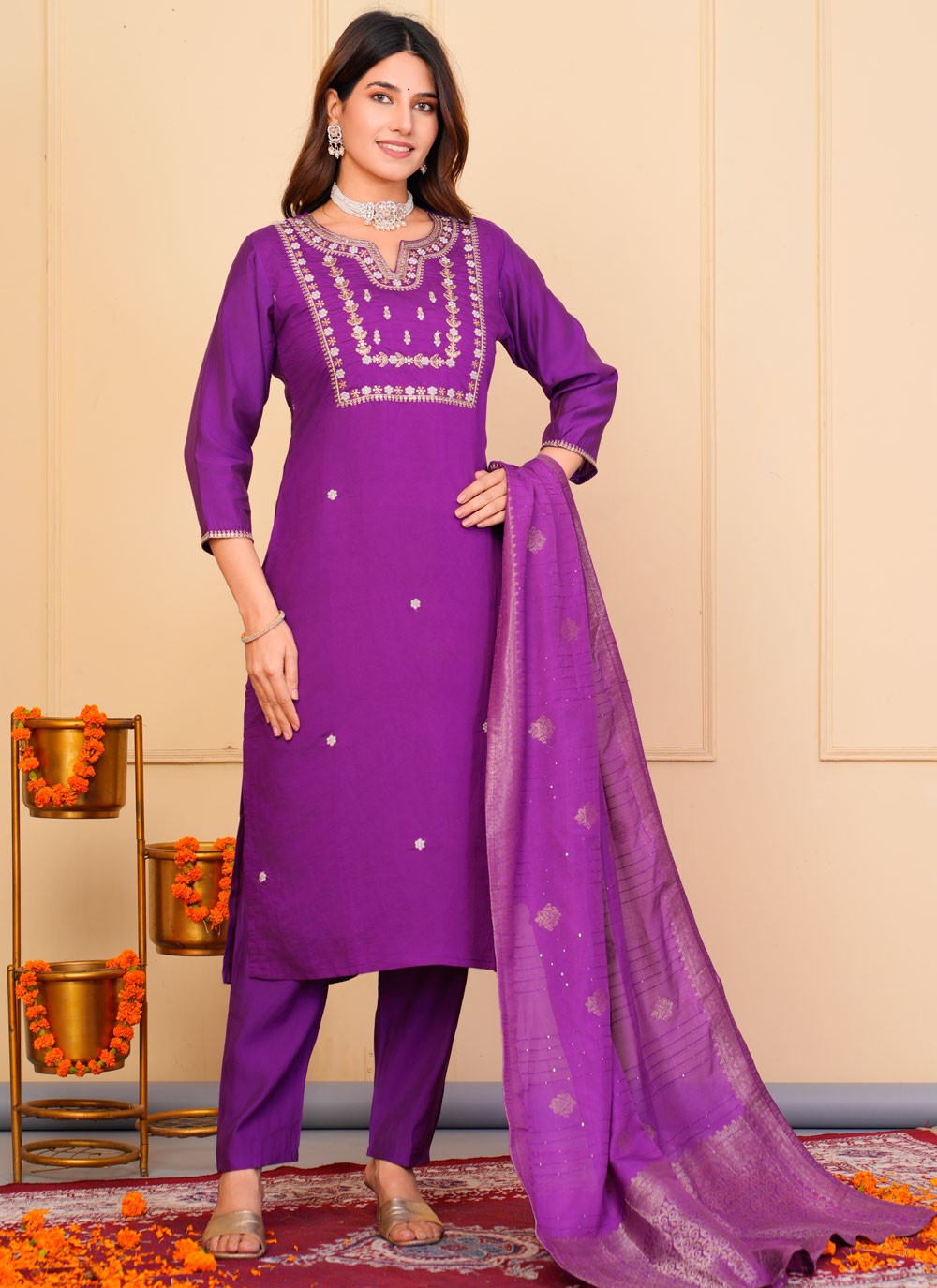 Salwar Suit Embroidered Purple Chanderi T5129