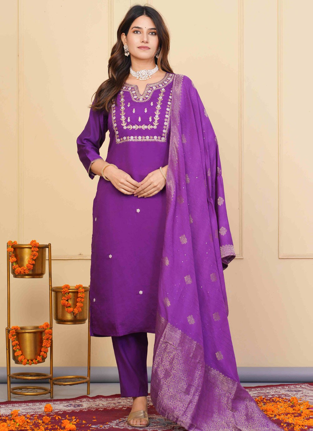 Salwar Suit Embroidered Purple Chanderi T5129
