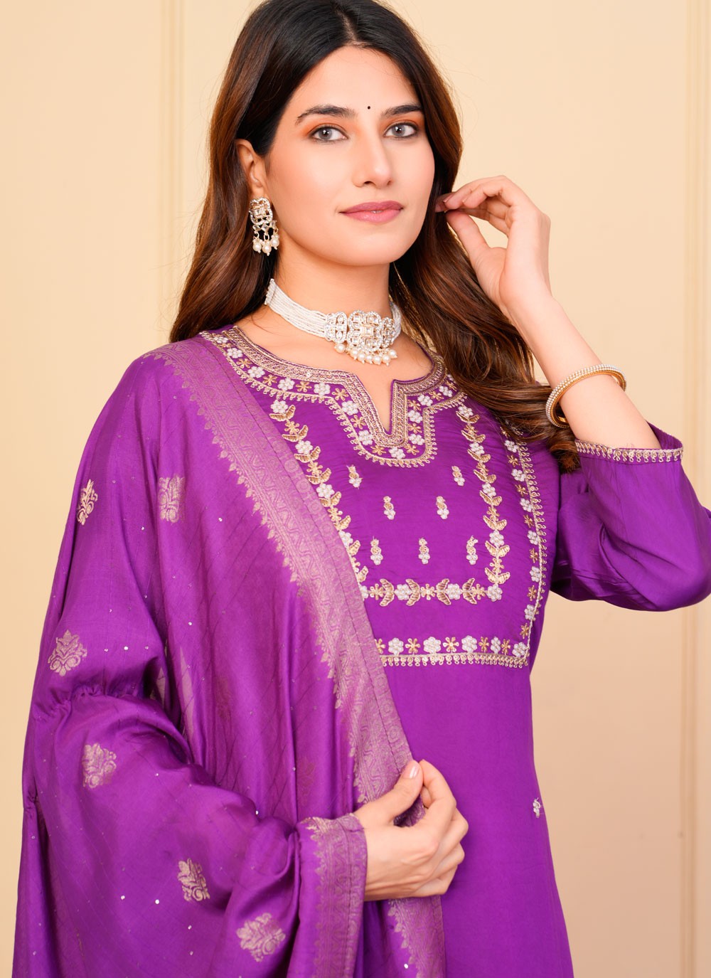 Salwar Suit Embroidered Purple Chanderi T5129