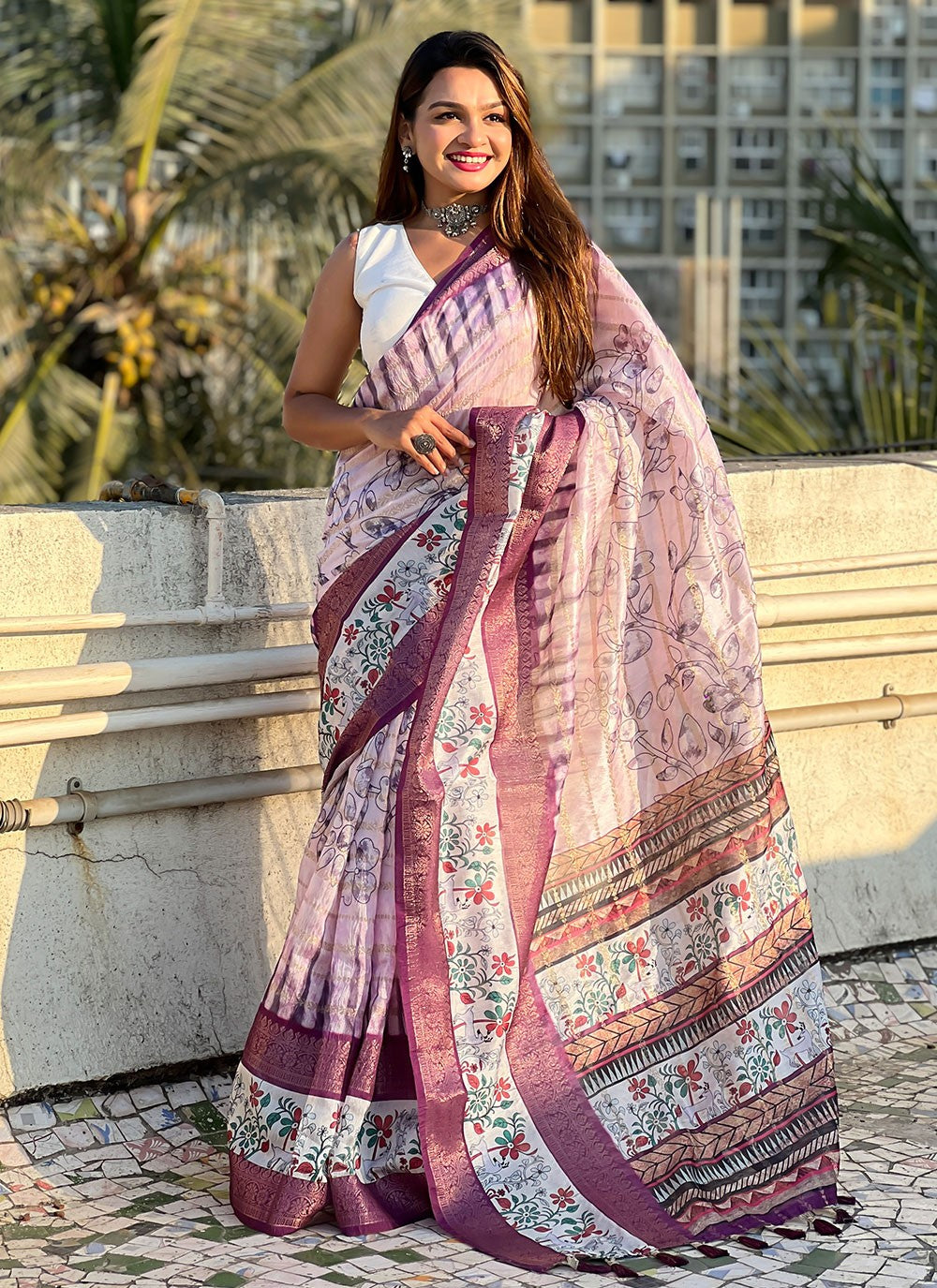 Printed Chanderi Purple Saree S14123
