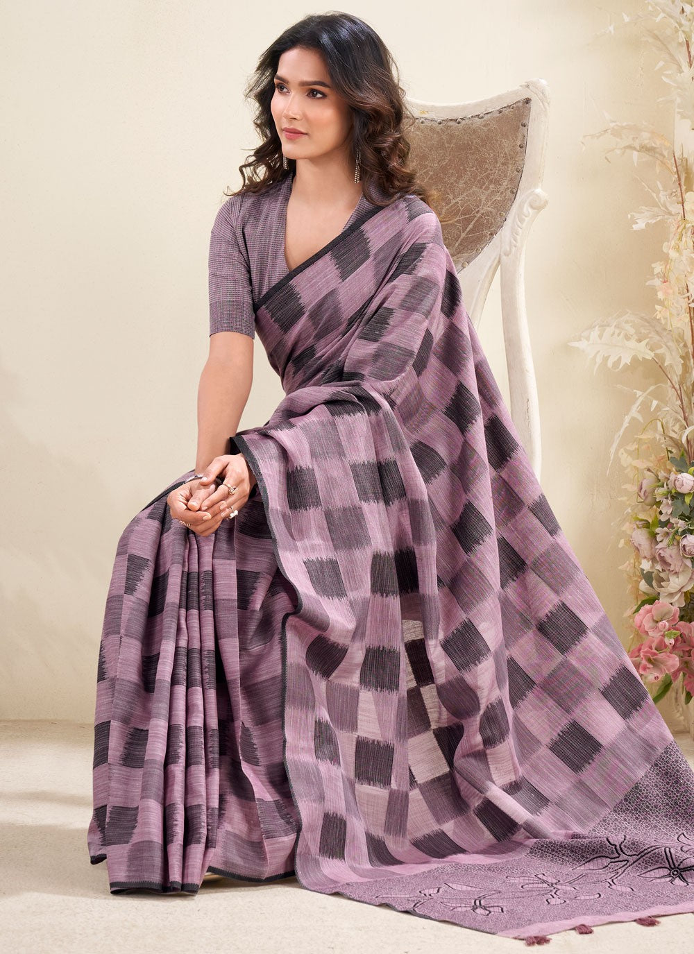 Purple Linen Traditional Saree Checks, Printed S18838