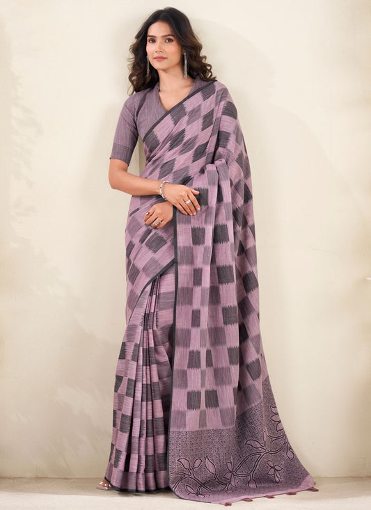 Purple Linen Traditional Saree Checks, Printed S18838