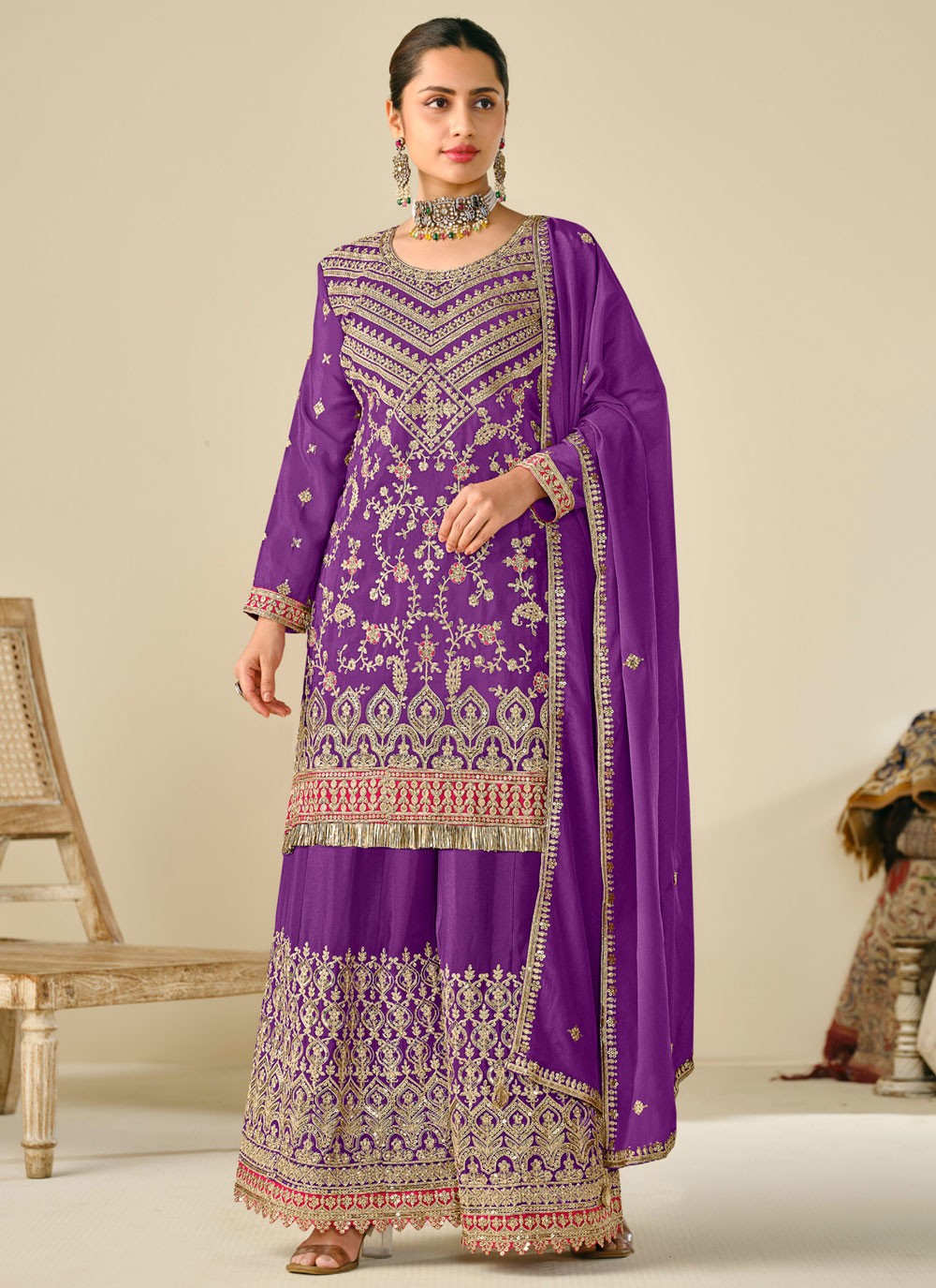 Embroidered Chinon Purple Palazzo Suit T6376