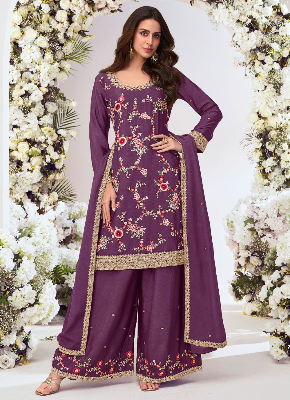 Palazzo Suit Embroidered, Zari Purple T8062