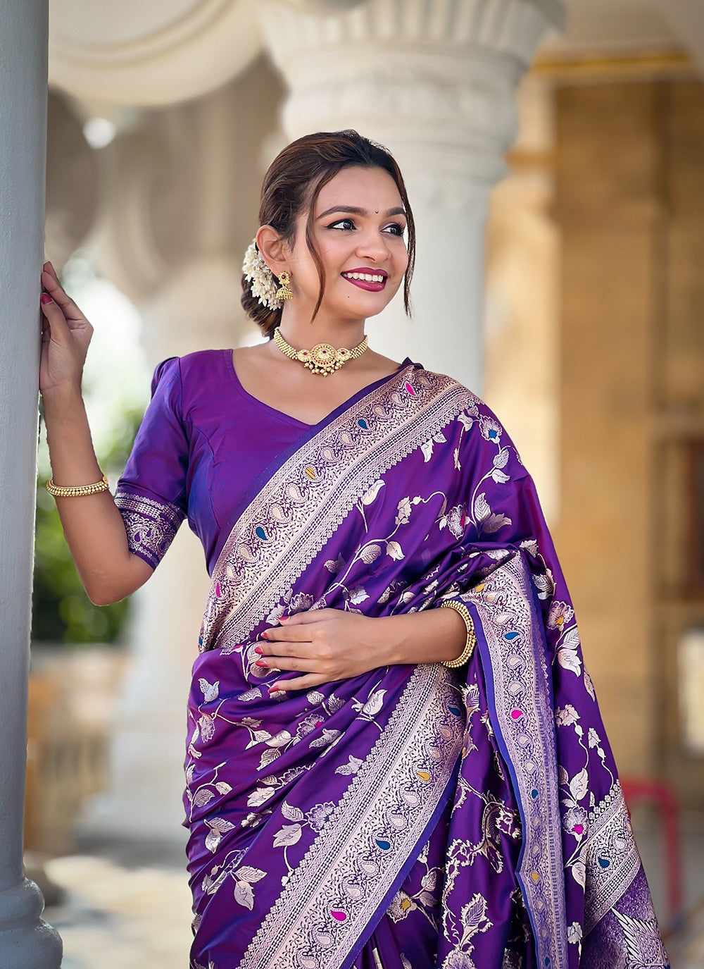 Purple Banarasi Silk Classic Saree Jacquard Work, Woven S16589