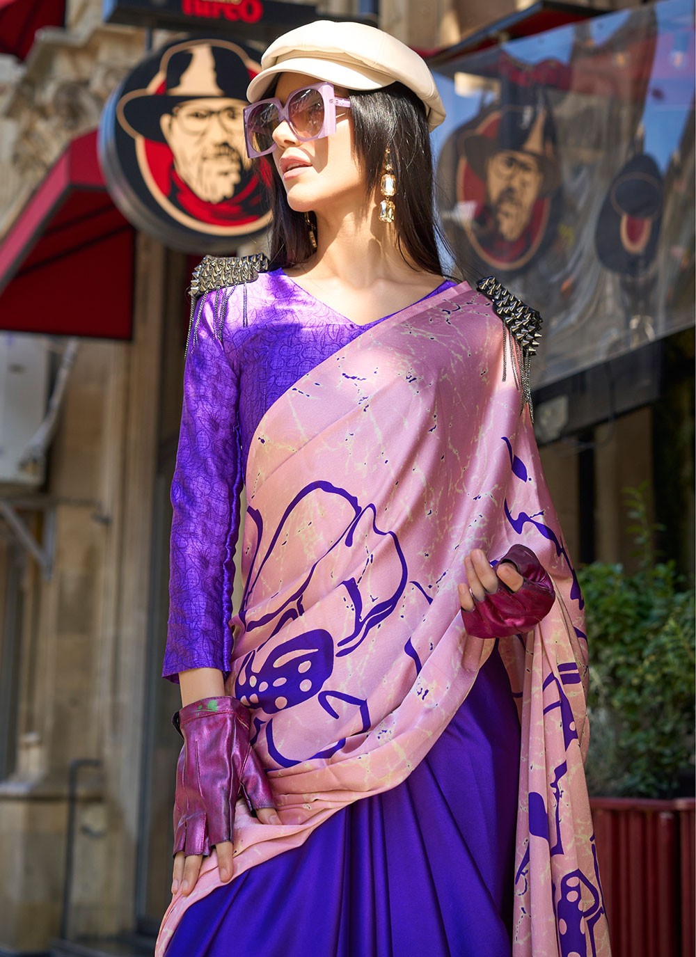 Classic Printed Faux Crepe, Satin Saree - S6040
