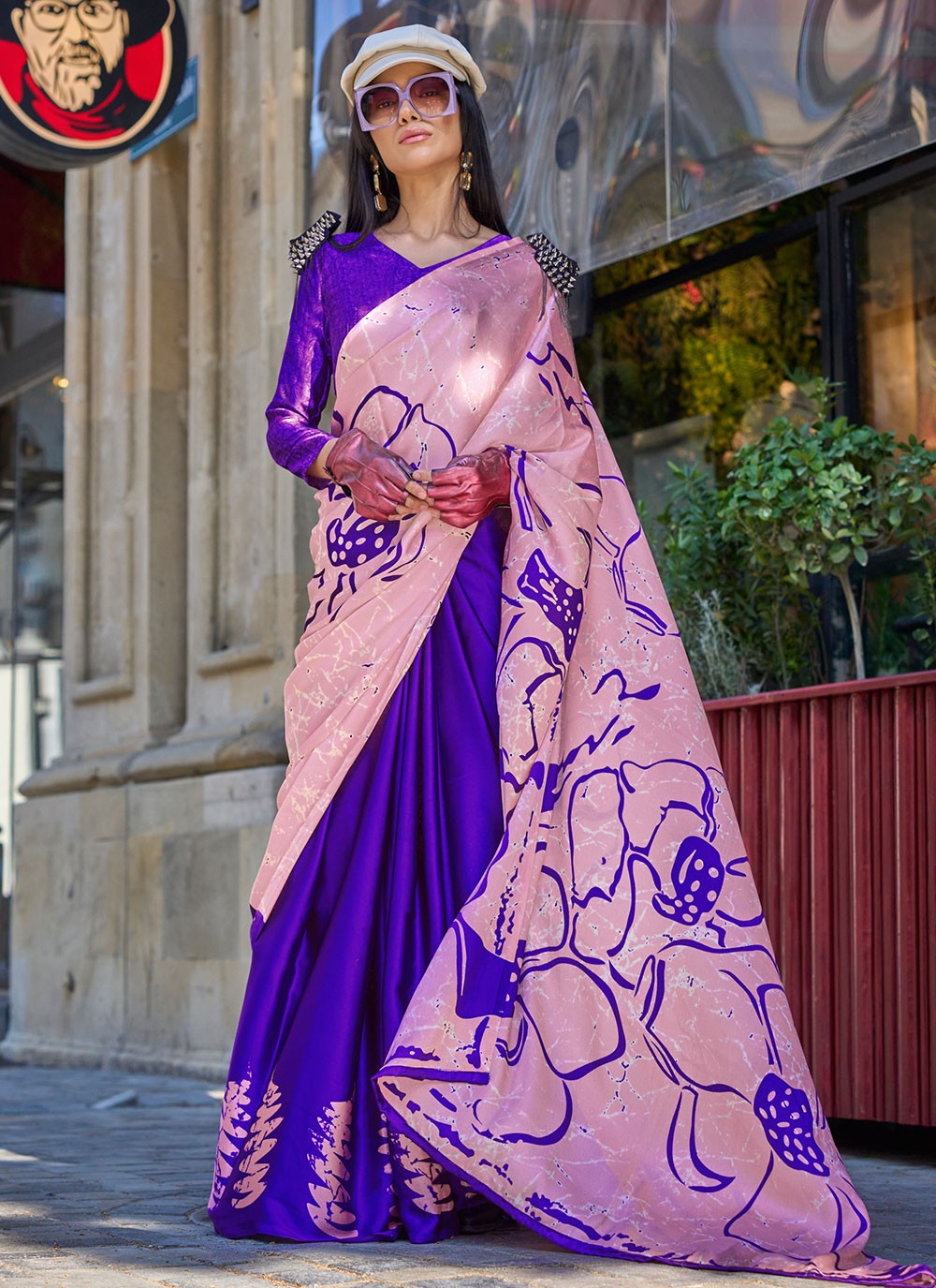 Classic Printed Faux Crepe, Satin Saree - S6040