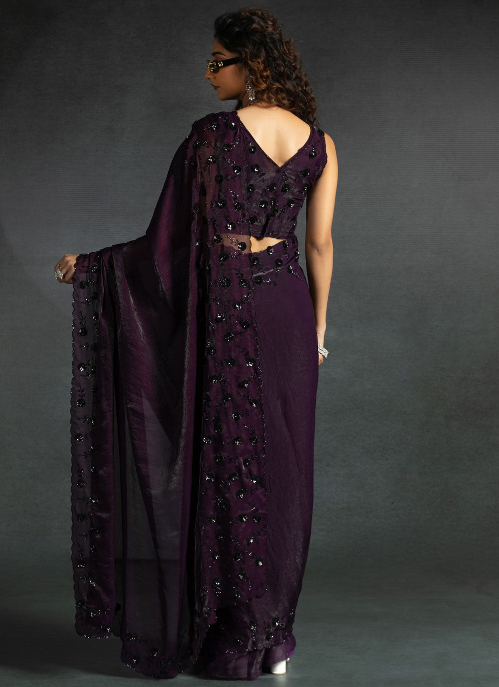 Cut Work Satin Silk Purple Classic Saree S14881