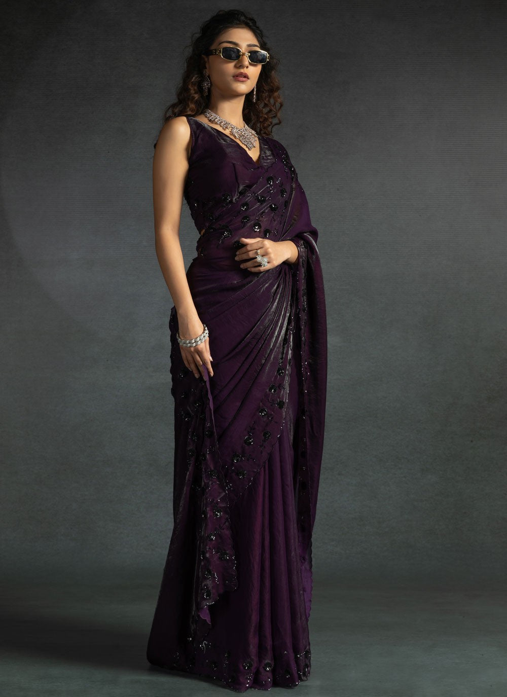 Cut Work Satin Silk Purple Classic Saree S14881