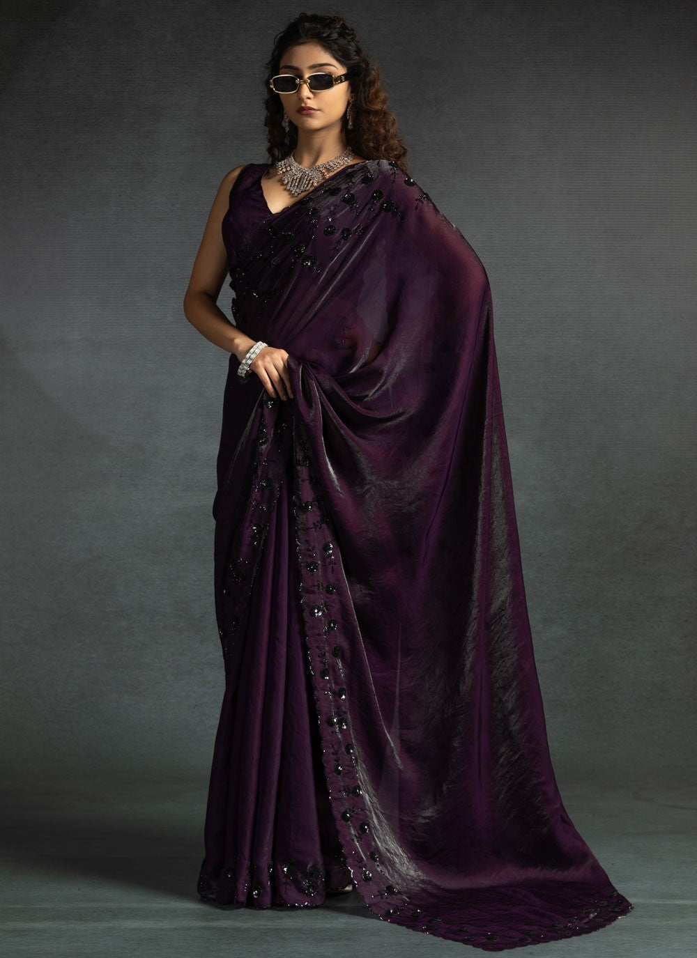 Cut Work Satin Silk Purple Classic Saree S14881