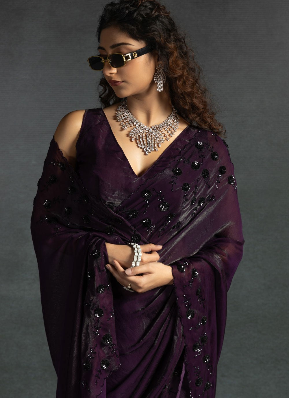 Cut Work Satin Silk Purple Classic Saree S14881