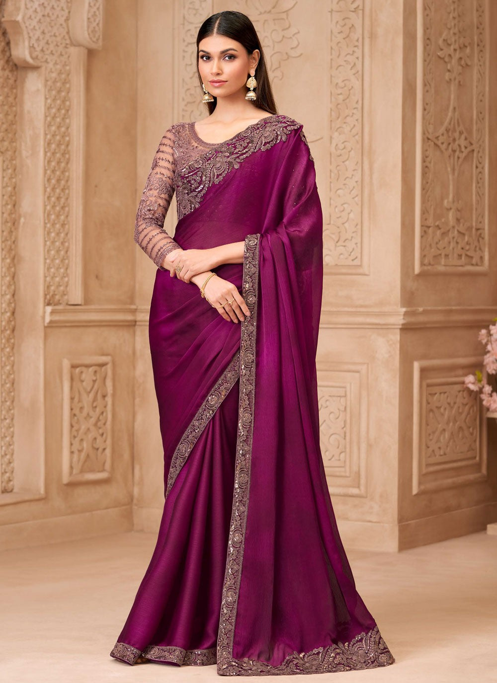 Purple Georgette Satin Classic Saree Border Work, Embroidered S19784