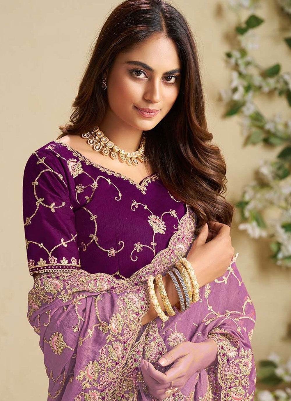 Purple Fandy Contemporary Saree Cord, Stones, Thread, Zari S18849
