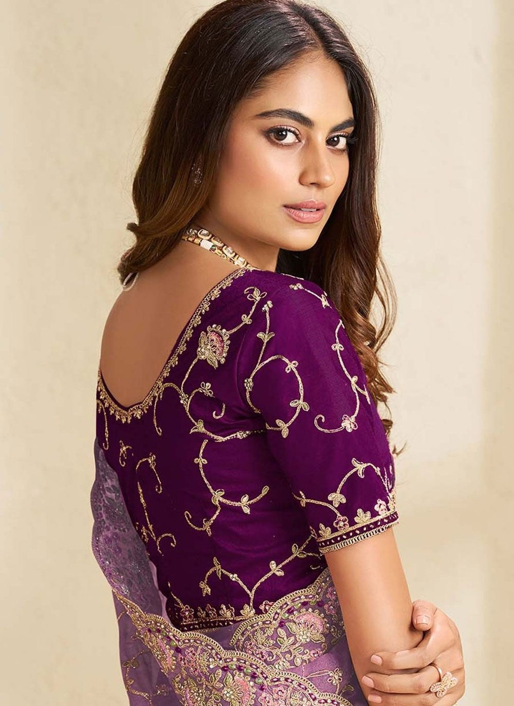 Purple Fandy Contemporary Saree Cord, Stones, Thread, Zari S18849