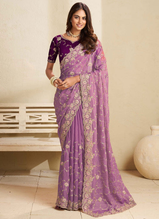 Purple Fandy Contemporary Saree Cord, Stones, Thread, Zari S18849
