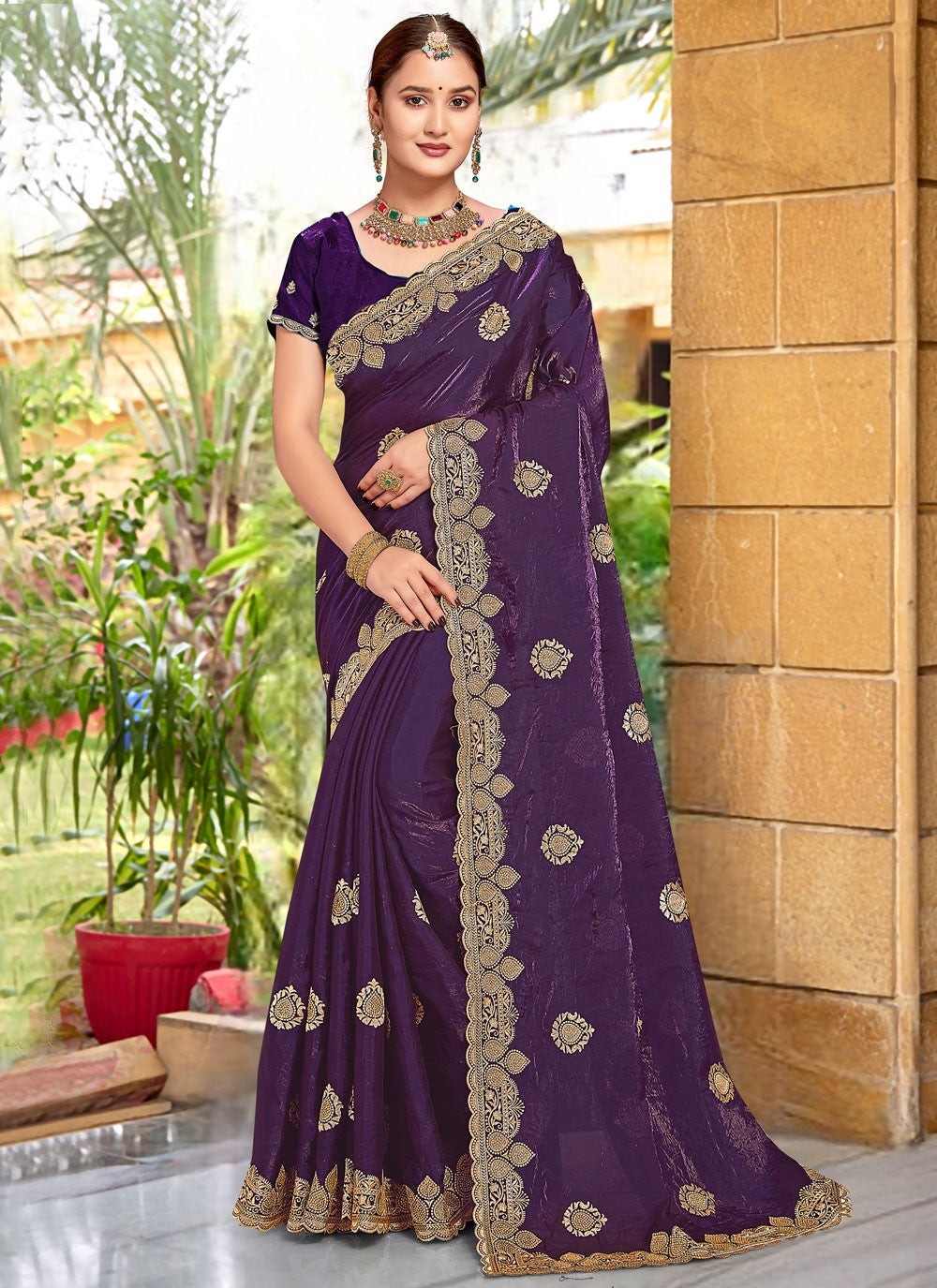 Embroidered Silk Purple Saree S14672