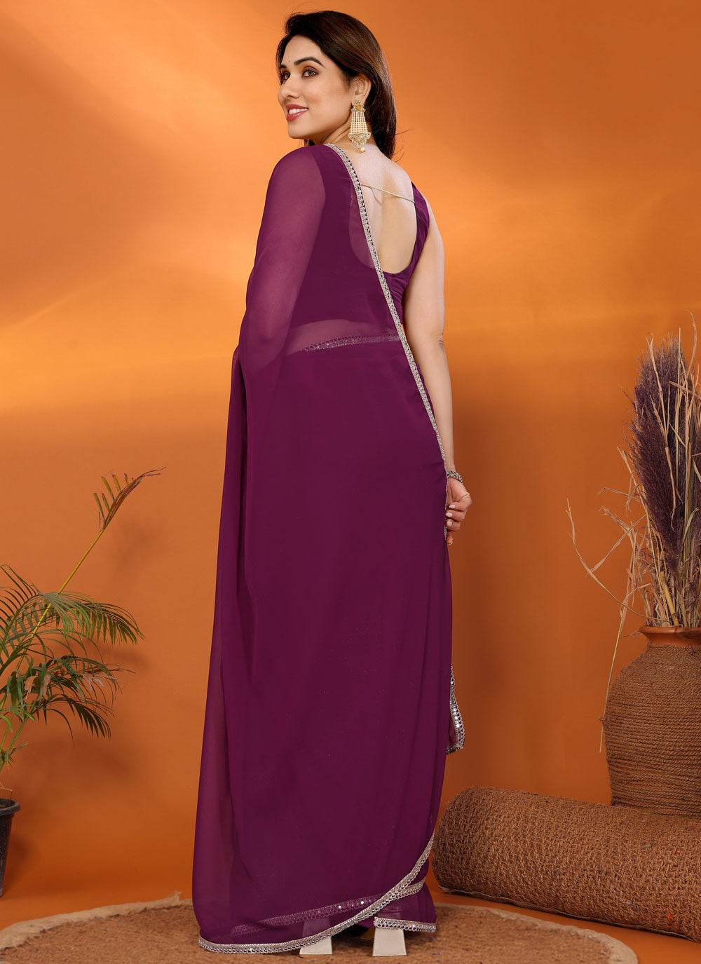 Border Work Georgette Purple Saree S14706