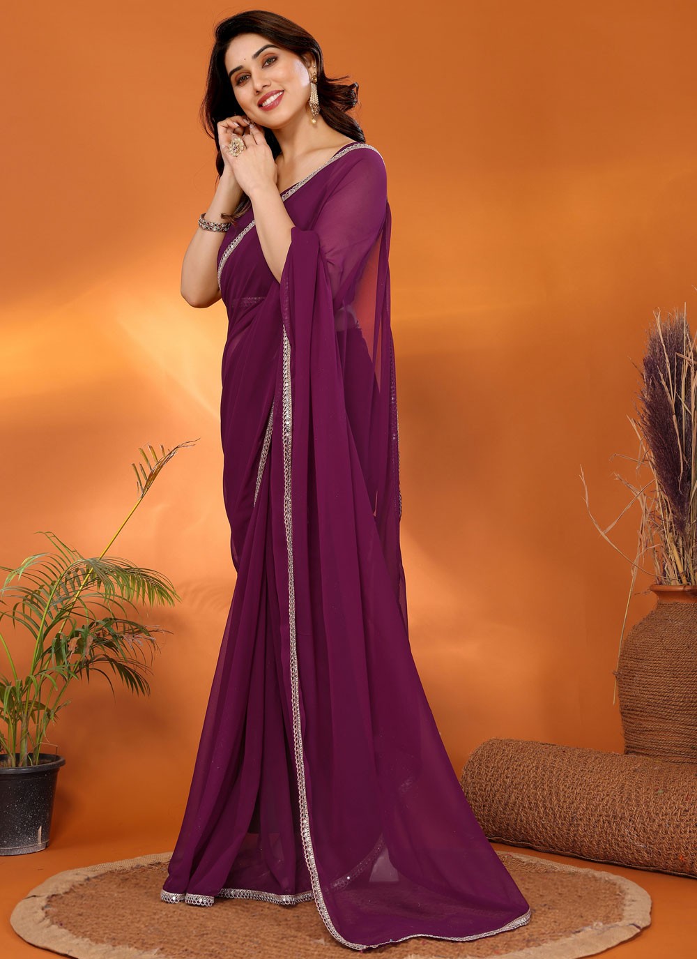Border Work Georgette Purple Saree S14706