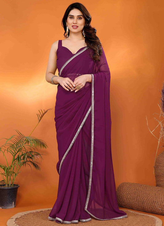 Border Work Georgette Purple Saree S14706