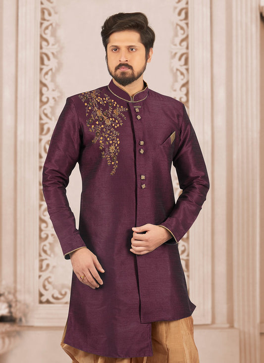 Embroidered Dupion Silk Purple Kurta - M6295