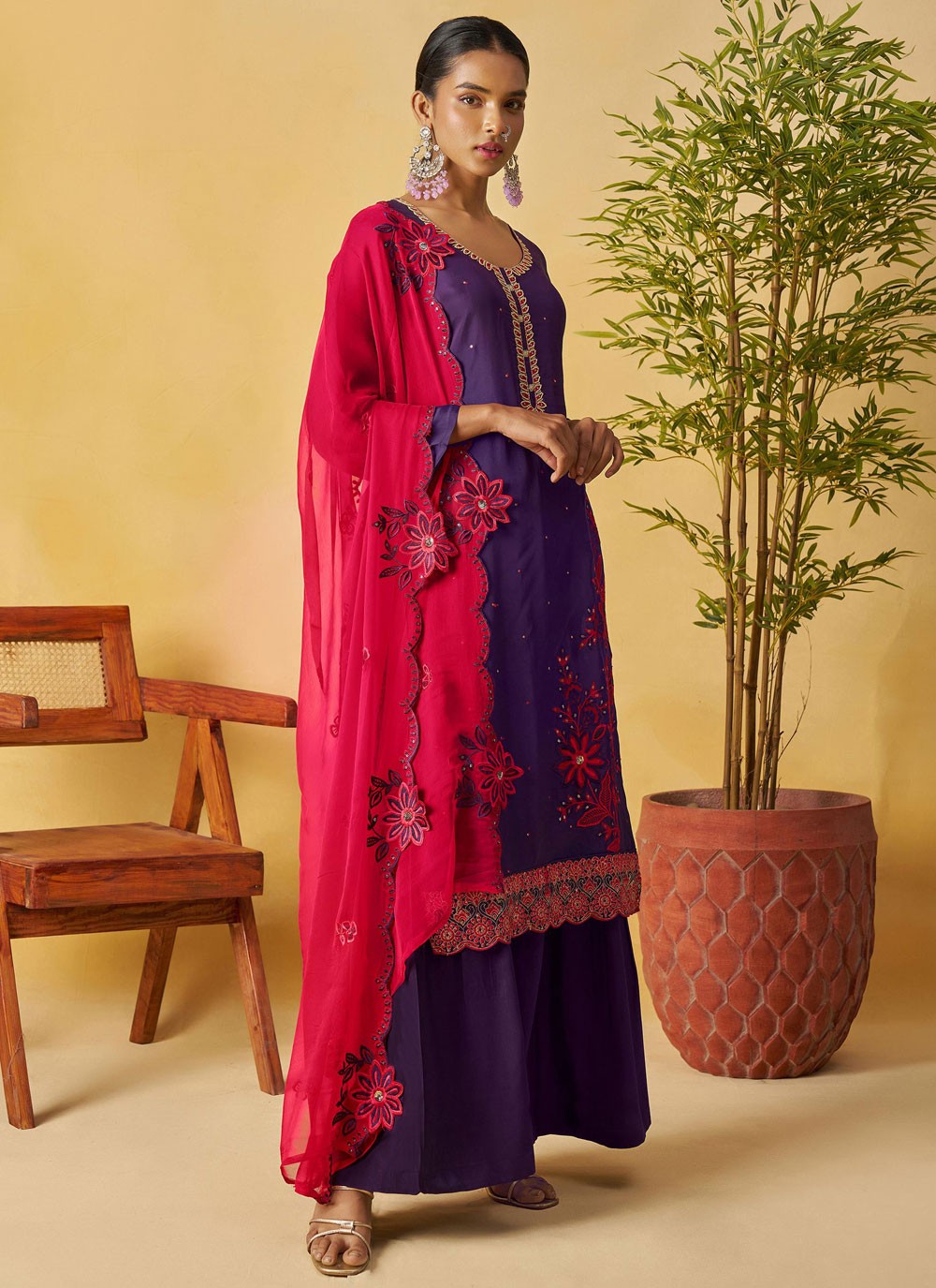 Palazzo Suit Embroidered Purple T8893