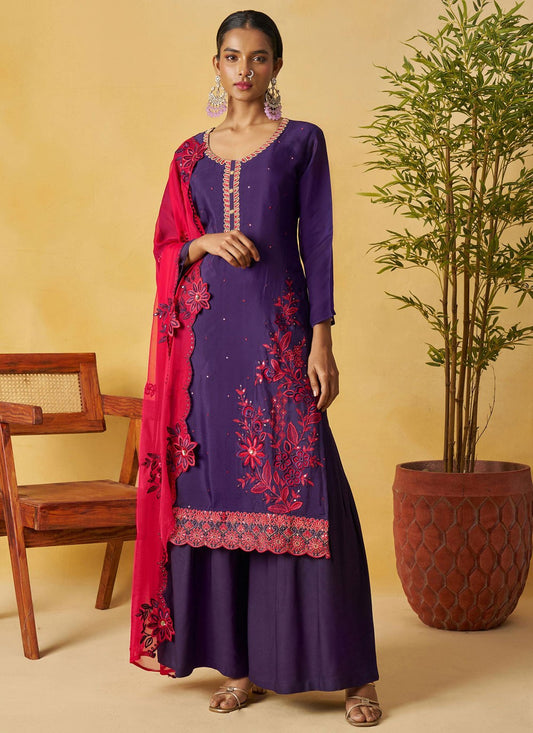Palazzo Suit Embroidered Purple T8893