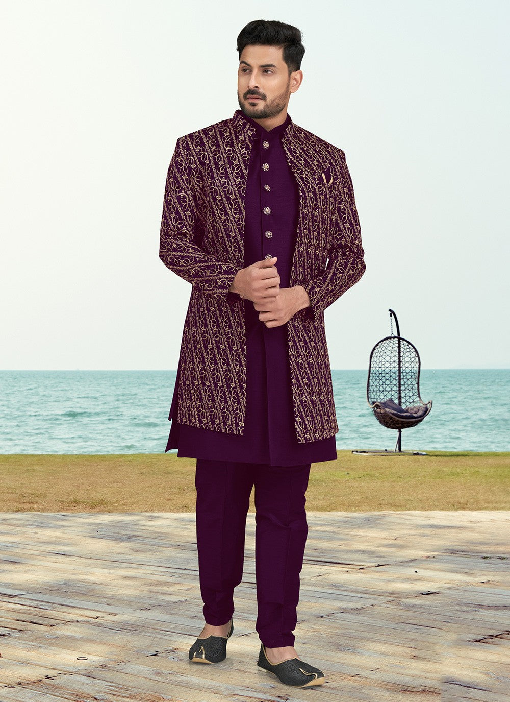 Machine Embroidery Banarasi Silk Purple Sherwani - M6774