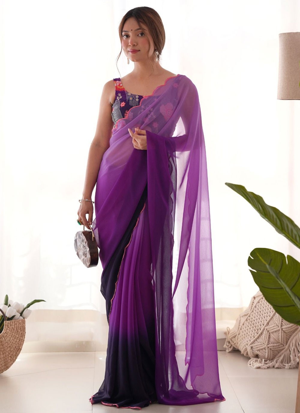 Shaded Border Work Faux Georgette Saree - S7681