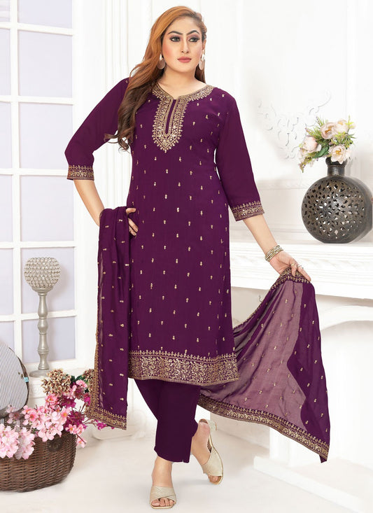 Salwar Suit Embroidered Purple Vichitra Silk T5716