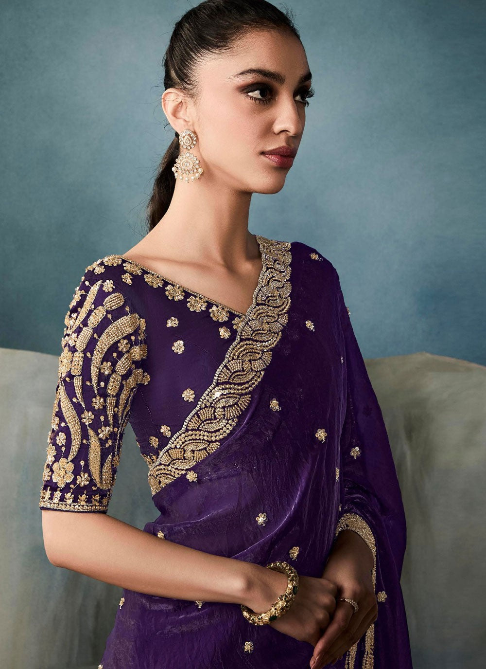 Cut Work Tissue Purple Traditional Saree S14869
