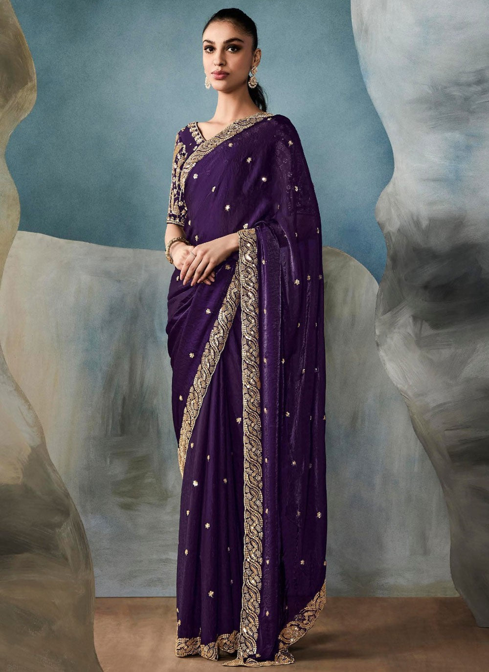Cut Work Tissue Purple Traditional Saree S14869