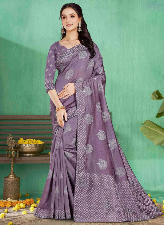 Bollywood Style Abstract Print Purple Silk Saree S13212