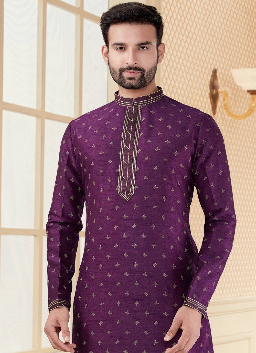 Embroidered Dupion Silk Purple Kurta - M5608