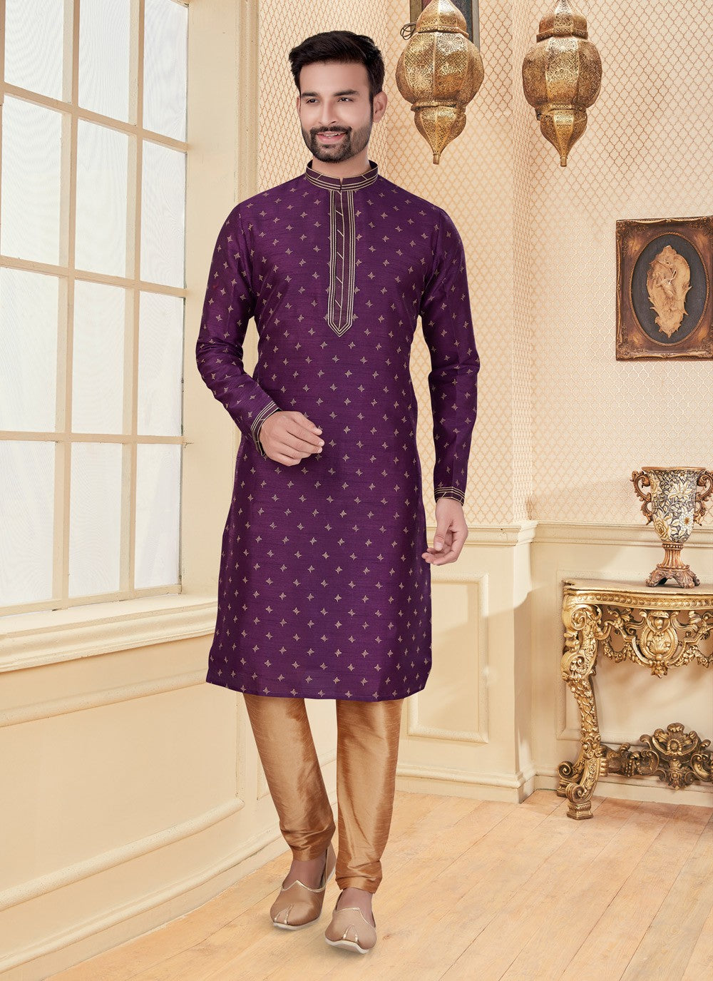 Embroidered Dupion Silk Purple Kurta - M5608