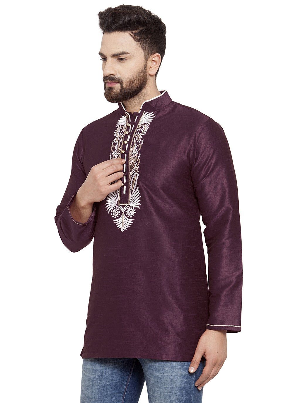 Machine Embroidery Dupion Silk Purple Short Kurta - M5730