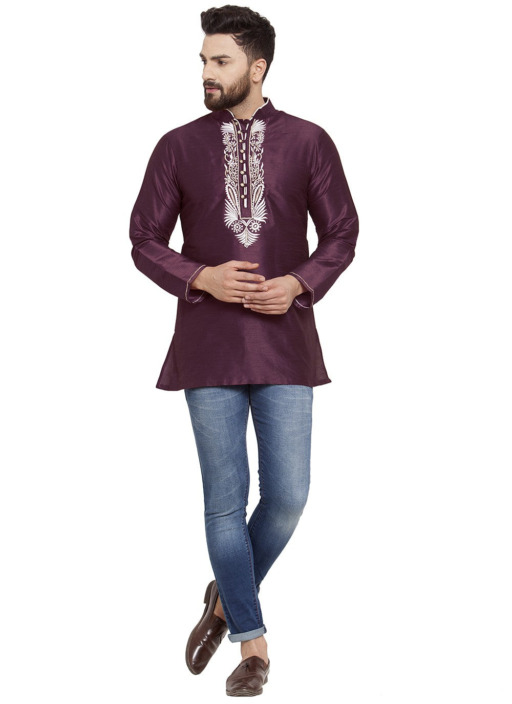 Machine Embroidery Dupion Silk Purple Short Kurta - M5730