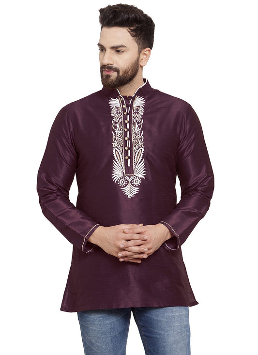 Machine Embroidery Dupion Silk Purple Short Kurta - M5730