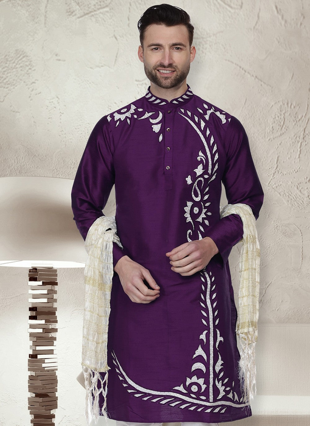 Embroidered Art Dupion Silk Purple Kurta - M1484