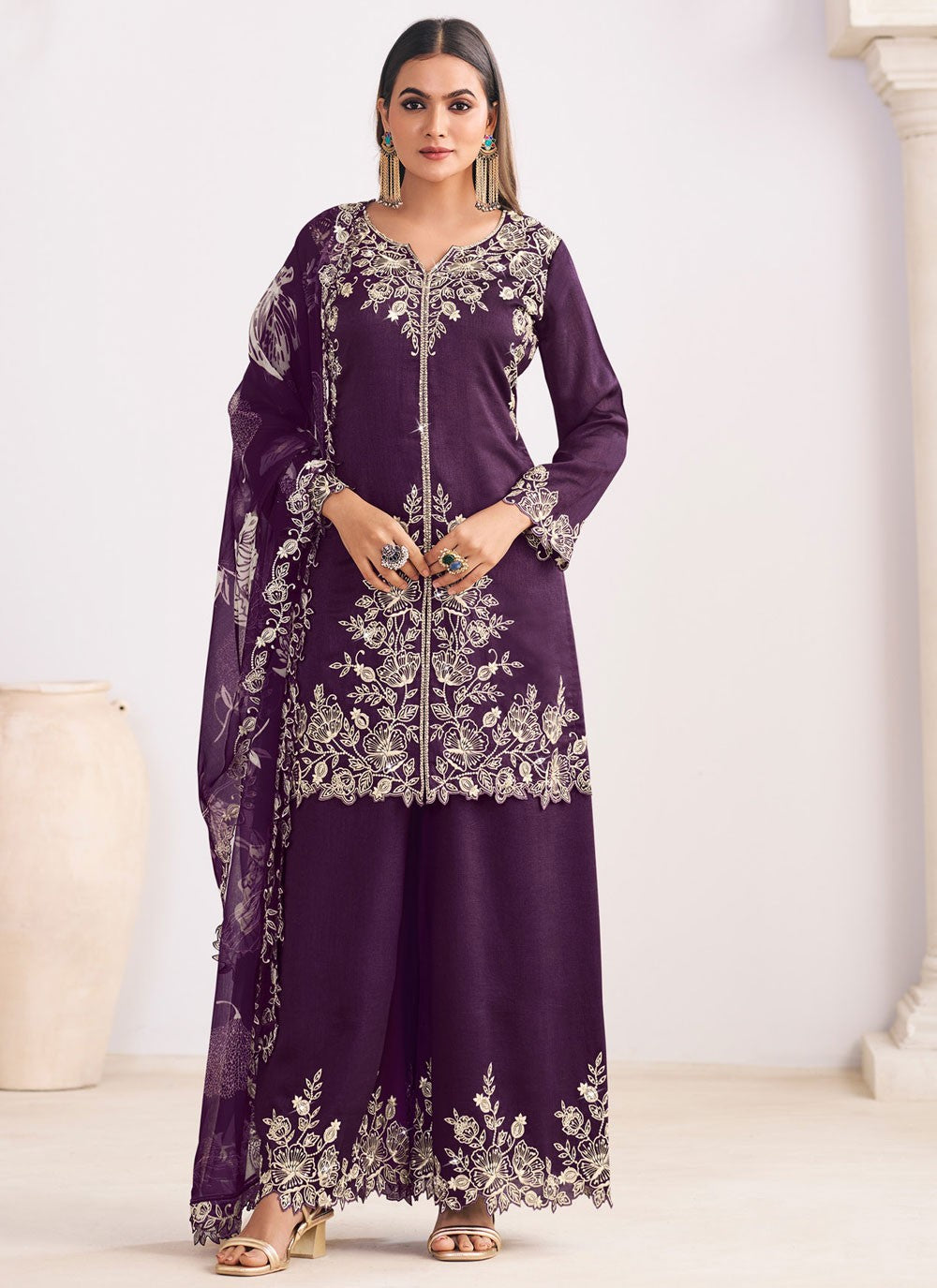 Palazzo Suit Embroidered Purple T8574