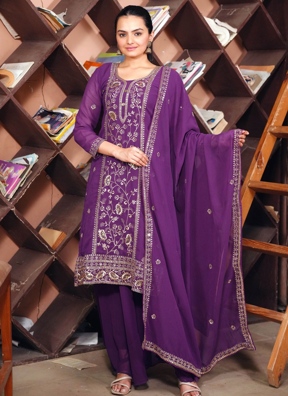 Salwar Suit Embroidered, Sequins, Zari Purple T7639