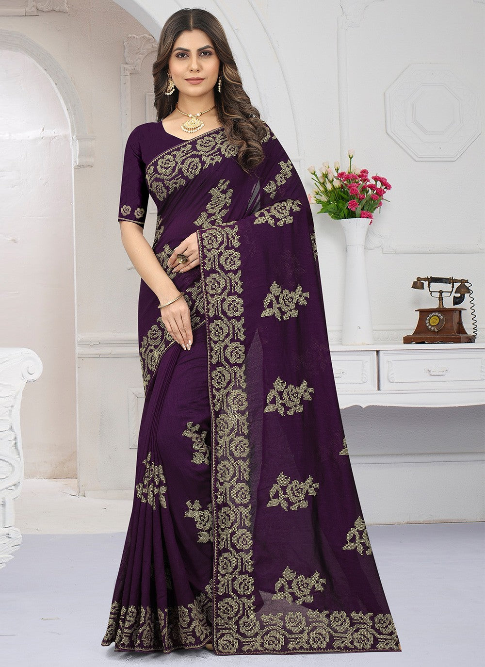 Contemporary Embroidered Vichitra Silk Saree - S2757