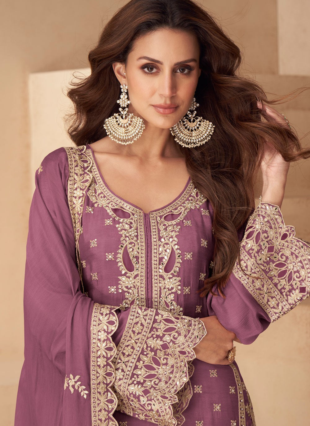 Palazzo Suit Embroidered, Mirror, Zari Purple T8279