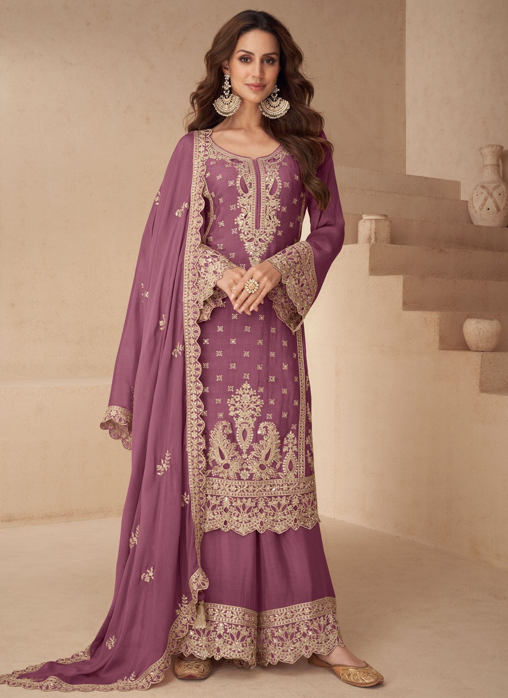 Palazzo Suit Embroidered, Mirror, Zari Purple T8279